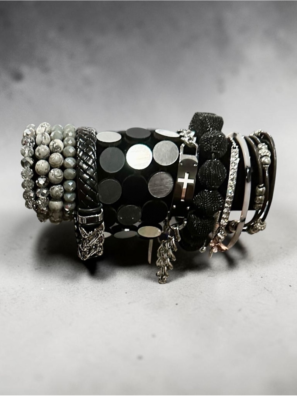 Signature Faith Black & Silver Beaded Layered Bracelet Stack Cross Charm OS